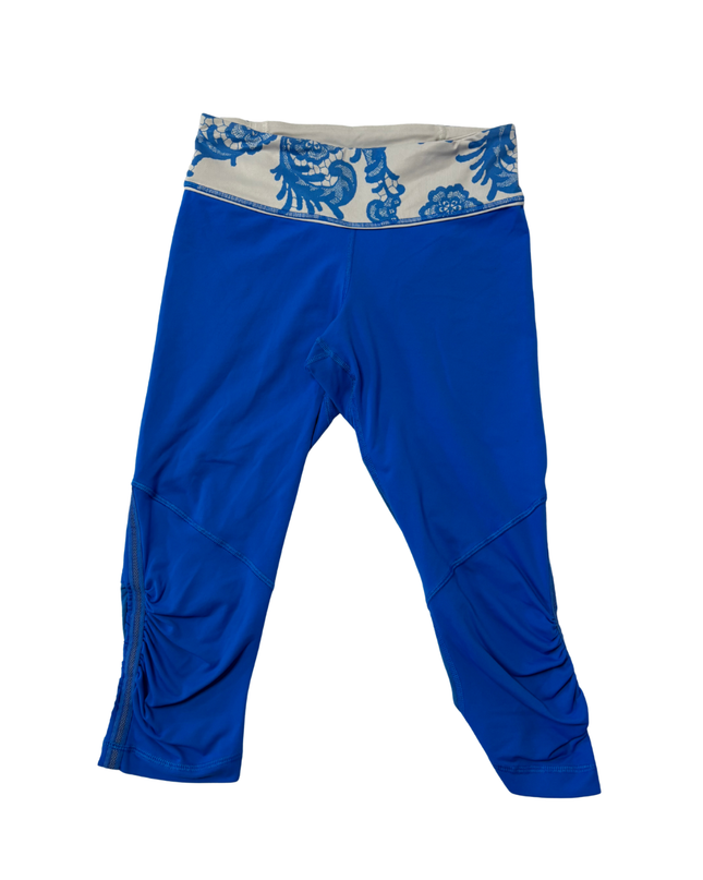 Lululemon Blue Patterned Waistband Ruched Crop Leggings