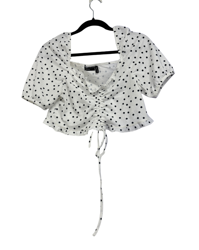 Asos White Polka Dot Ruched Front Puff Sleeve Crop Top