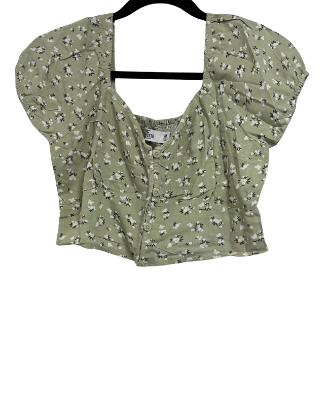 Hollister Green Floral Puffed Sleeve Button-Down Crop Top