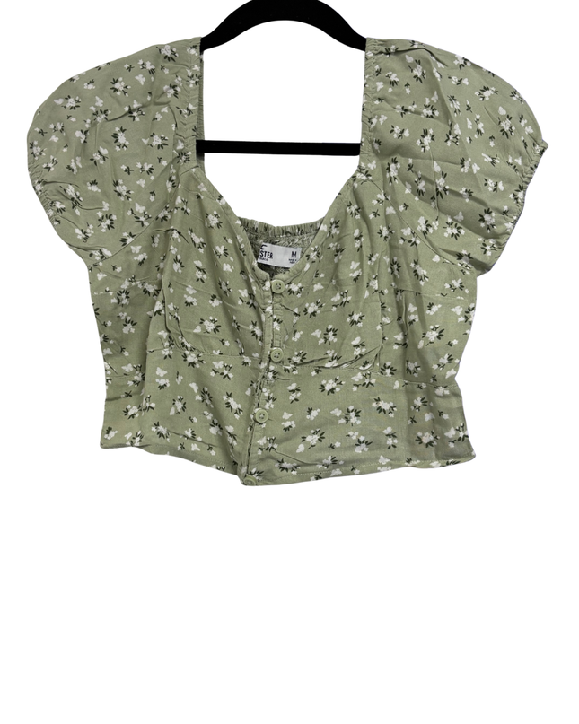 Hollister Green Floral Puffed Sleeve Button-Down Crop Top