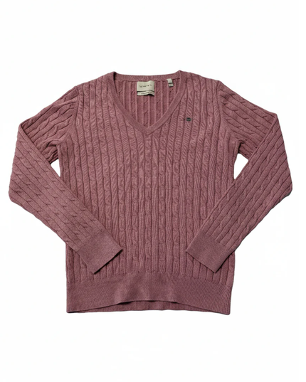GANT Pink Cable Knit V-Neck Stretch Cotton Sweater
