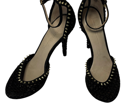 Zara Black Studded and Rhinestone Embellished Ankle Strap Heels