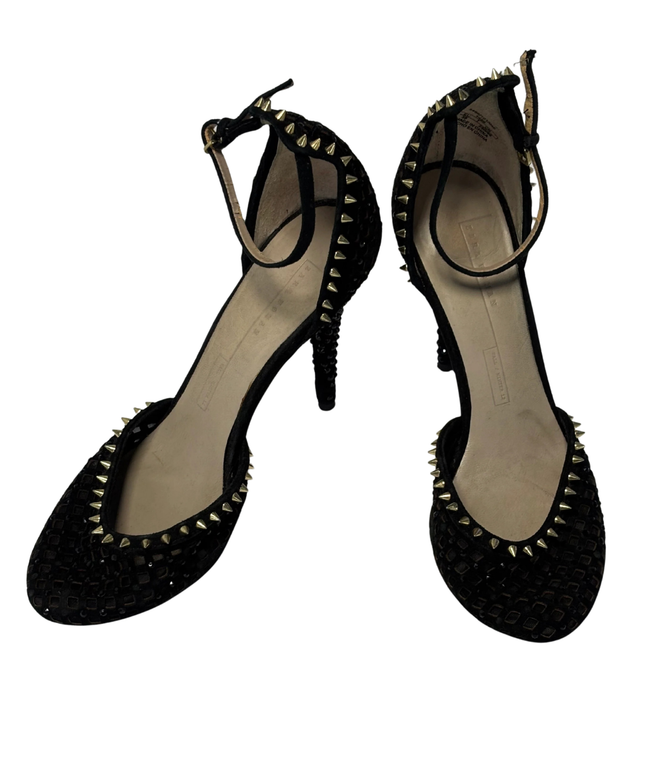Zara Black Studded and Rhinestone Embellished Ankle Strap Heels