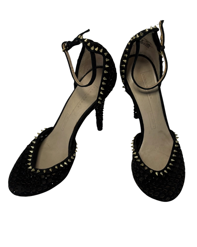 Zara Black Studded and Rhinestone Embellished Ankle Strap Heels