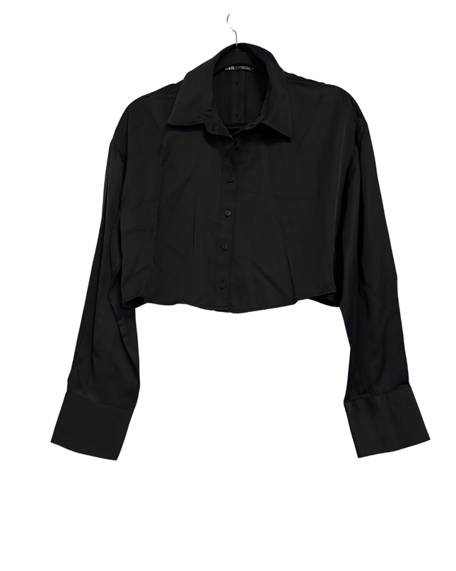 Zara Black Cropped Button-Down Long Sleeve Shirt