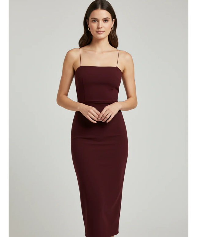 BEC & BRIDGE Burgundy Square Neck Spaghetti Strap Midi Dress