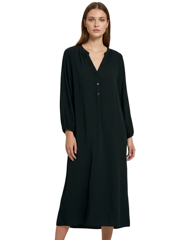 Zara Black Split Neck Midi Dress with Puff Sleeves