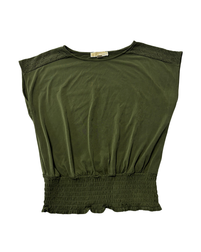 Michael Kors Green Smocked Hem Lace Shoulder Top