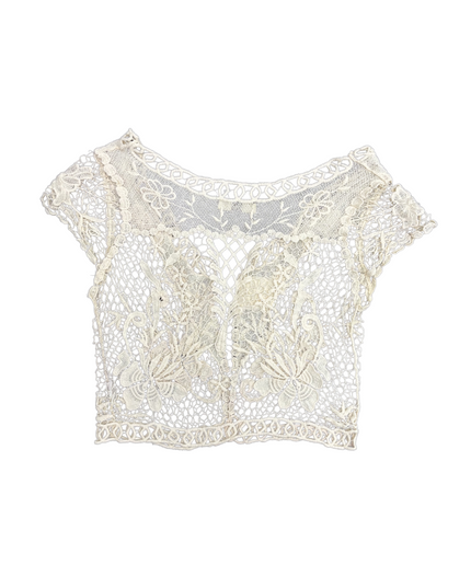 ISSI Vintage Floral Embroidered Ivory Crochet Crop Top - XS