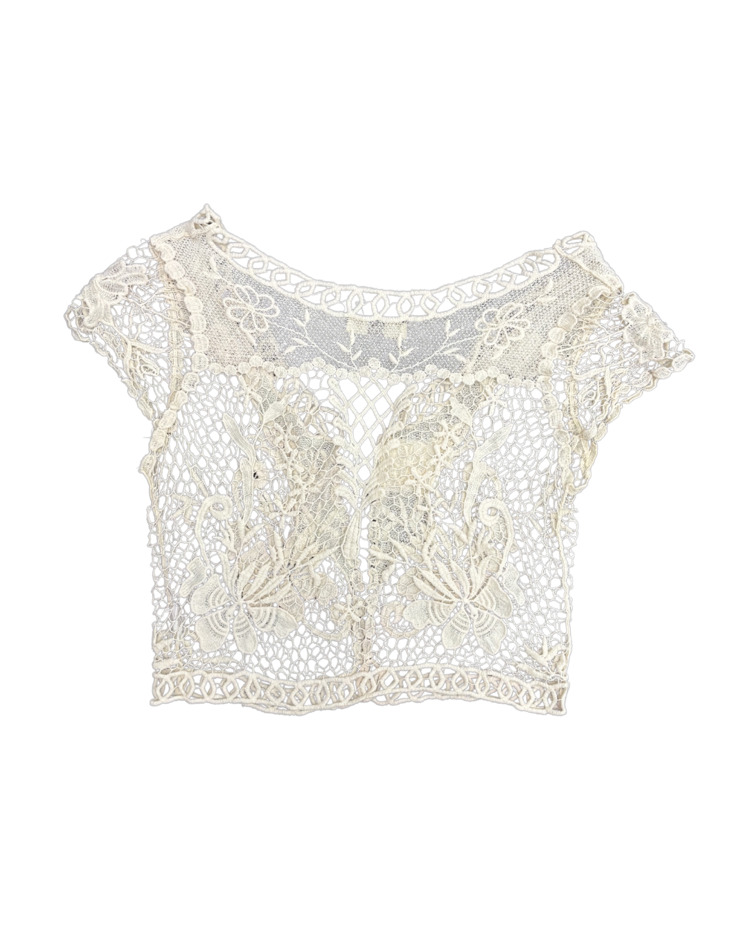 ISSI Vintage Floral Embroidered Ivory Crochet Crop Top - XS
