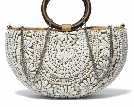Zara White Beaded Clutch Bag with Wooden Handles