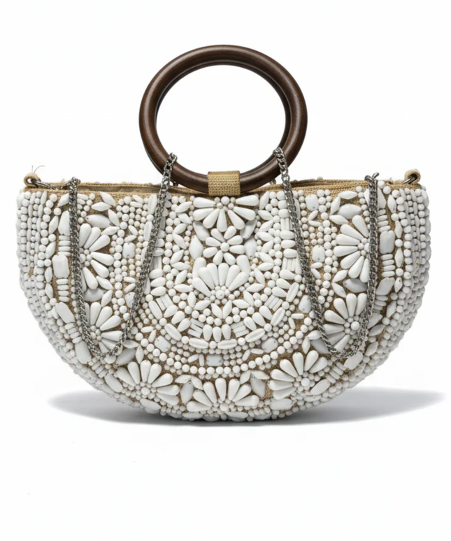 Zara White Beaded Clutch Bag with Wooden Handles