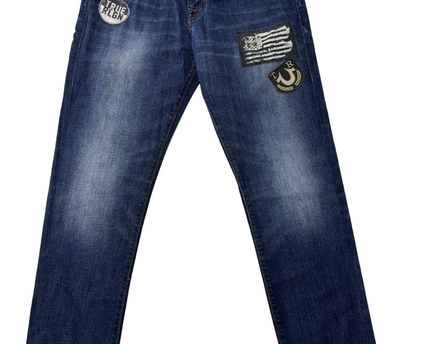 True Religion Blue Geno Relaxed Slim Patched Jeans