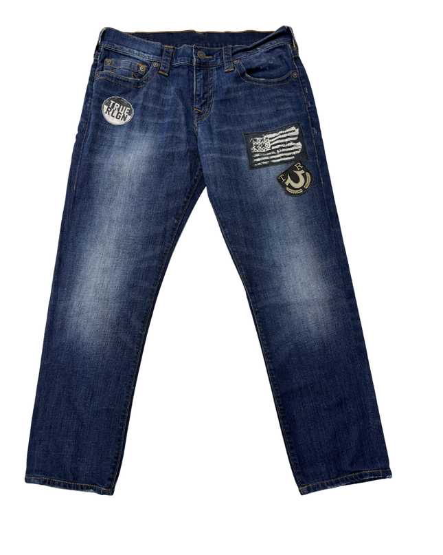 True Religion Blue Geno Relaxed Slim Patched Jeans