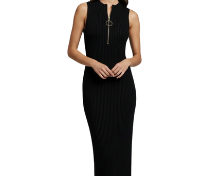 Maje Black Ribbed Zip-Neck Sleeveless Midi Dress