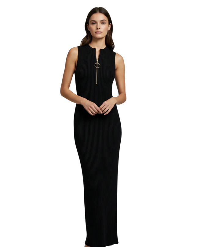 Maje Black Ribbed Zip-Neck Sleeveless Midi Dress