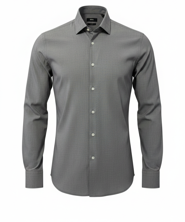 BOSS Hugo Boss Grey Slim Fit Micro-Pattern Italian Fabric Dress Shirt