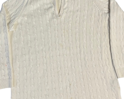 Ralph Lauren Cream Cable Knit Split V-Neck Cotton Sweater