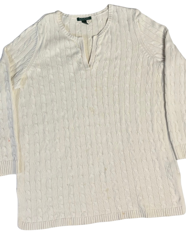 Ralph Lauren Cream Cable Knit Split V-Neck Cotton Sweater