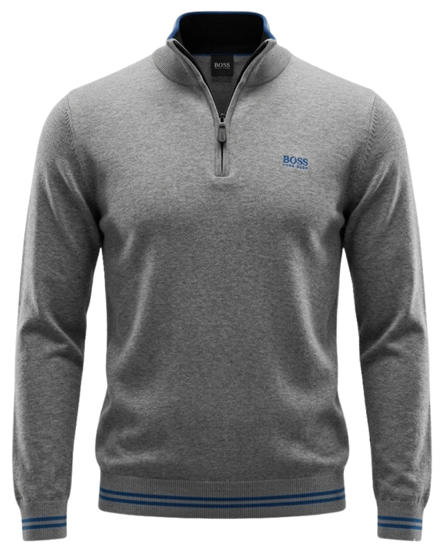 Hugo Boss Grey Quarter-Zip Cotton Blend Sweater