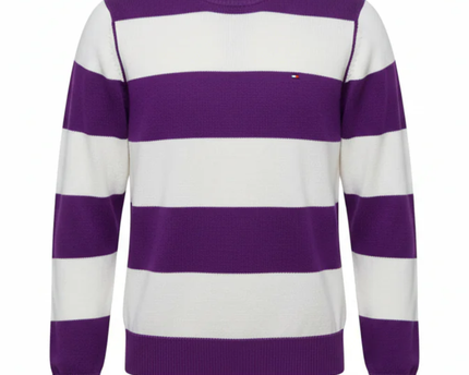 Tommy Hilfiger Purple and White Striped Crewneck Knit Sweater