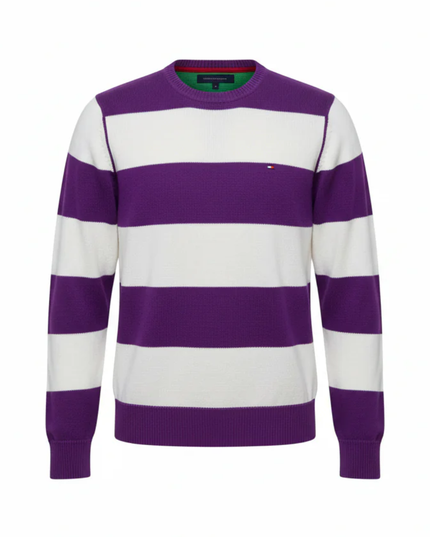 Tommy Hilfiger Purple and White Striped Crewneck Knit Sweater