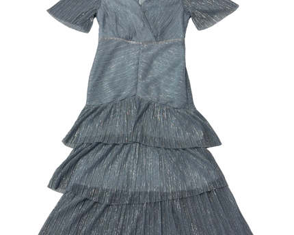 Motf Light Blue Metallic Pleated Tiered Midi Dress