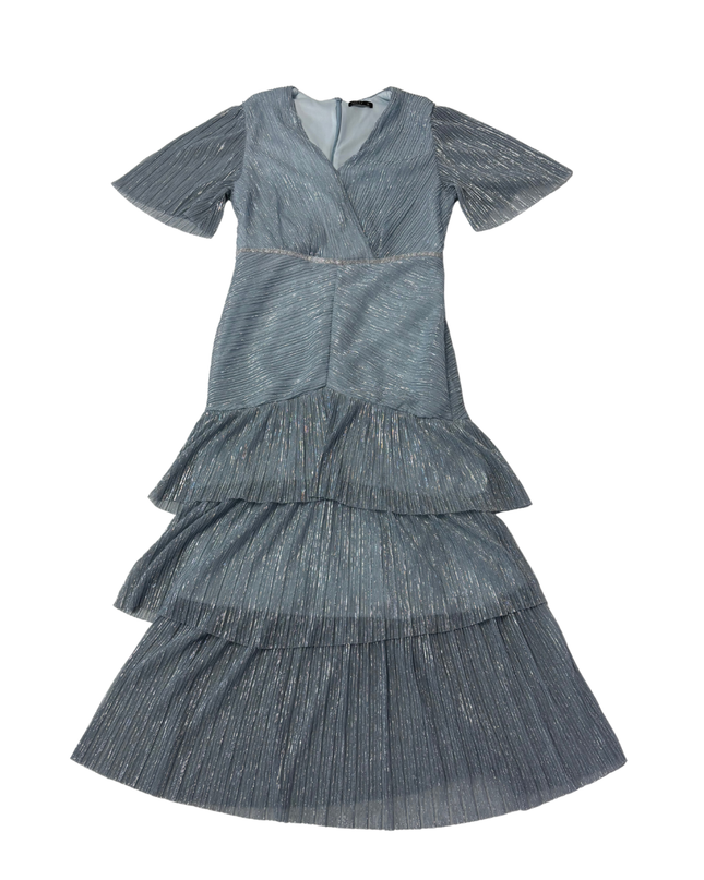 Motf Light Blue Metallic Pleated Tiered Midi Dress