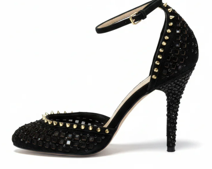 Zara Black Studded and Rhinestone Embellished Ankle Strap Heels