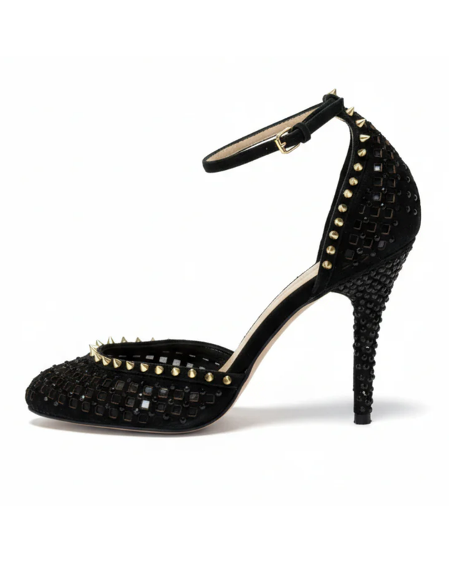 Zara Black Studded and Rhinestone Embellished Ankle Strap Heels