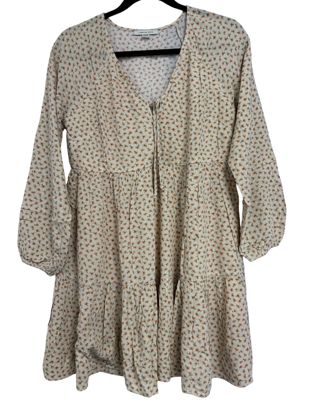 American Eagle Cream Floral Long Sleeve Tiered Mini Dress