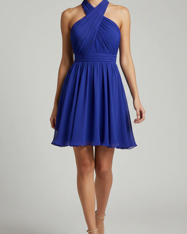 New Look Royal Blue Halter Neck Pleated Mini Dress