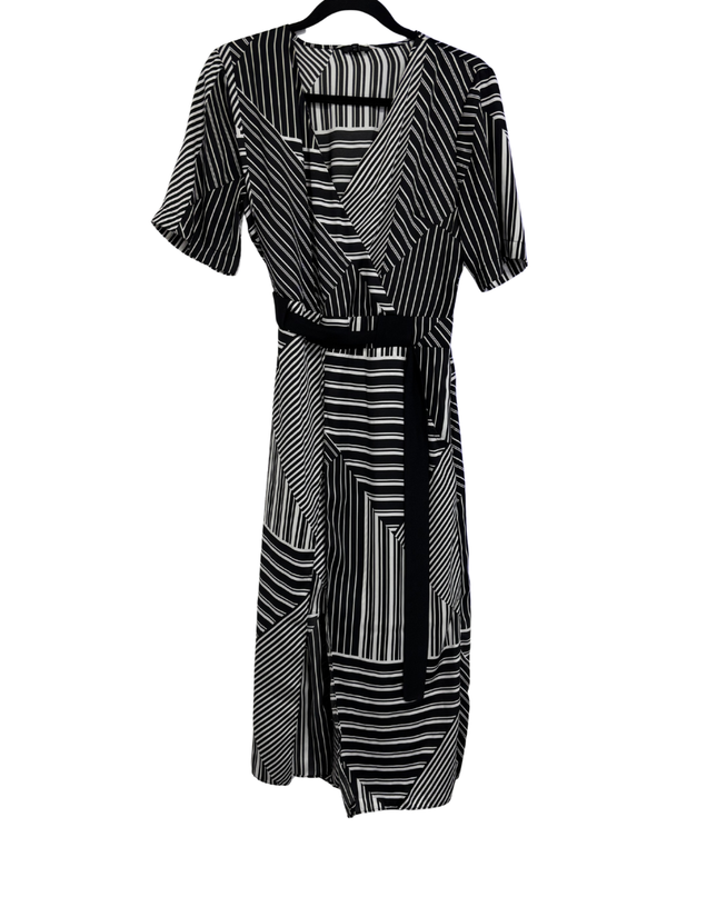 River Island Black and White Geometric Striped Wrap Midi Dress