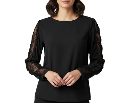 WHO WHAT WEAR Black Lace Ruffle Sleeve Blouse