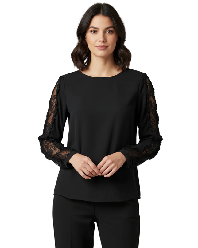 WHO WHAT WEAR Black Lace Ruffle Sleeve Blouse