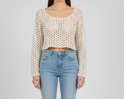 Bershka Cream Crochet Long Sleeve Crop Top