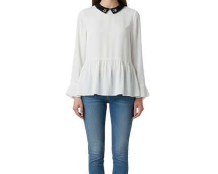 Mango White Embellished Collar Peplum Blouse