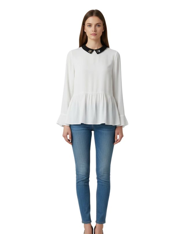 Mango White Embellished Collar Peplum Blouse