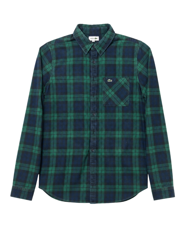 Lacoste Green/Navy Plaid Long-Sleeve Regular Fit Cotton Shirt