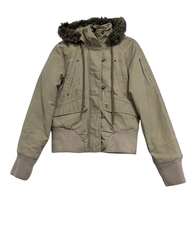 Nike Tan Faux Fur Trimmed Hooded Bomber Jacket