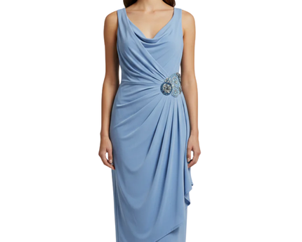 Calvin Klein Blue V-Neck Draped Midi Dress with Sequin Floral Accent