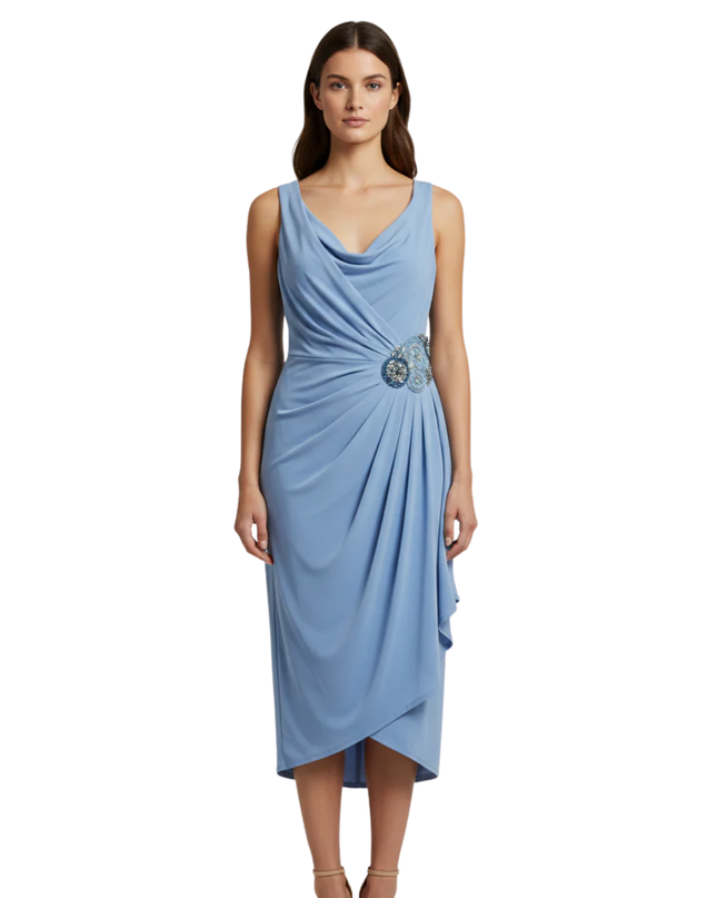 Calvin Klein Blue V-Neck Draped Midi Dress with Sequin Floral Accent