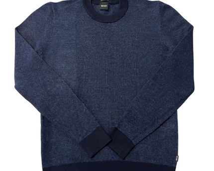 Boss Navy Blue Textured Knit Crew Neck Sweater