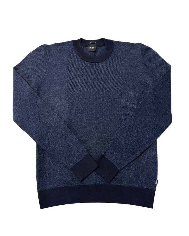 Boss Navy Blue Textured Knit Crew Neck Sweater