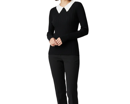 Sandro Black Ribbed Knit Sweater with White Contrast Collar