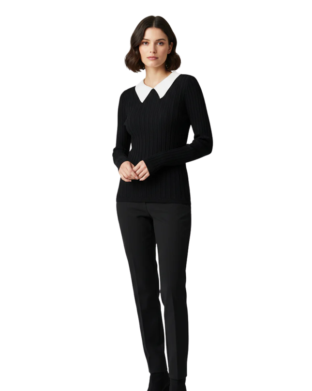 Sandro Black Ribbed Knit Sweater with White Contrast Collar