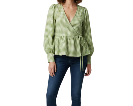 Atmos&Here Green Gingham Wrap Peplum Blouse