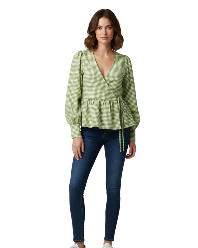 Atmos&Here Green Gingham Wrap Peplum Blouse