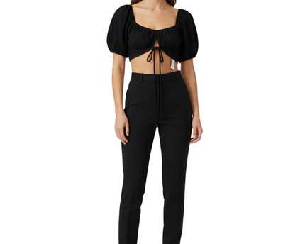 Bershka Black Puff Sleeve Tie-Front Crop Top