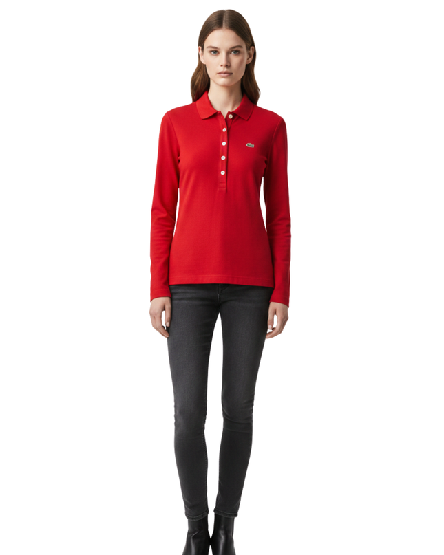 Lacoste Red Long-Sleeve Cotton Polo Shirt